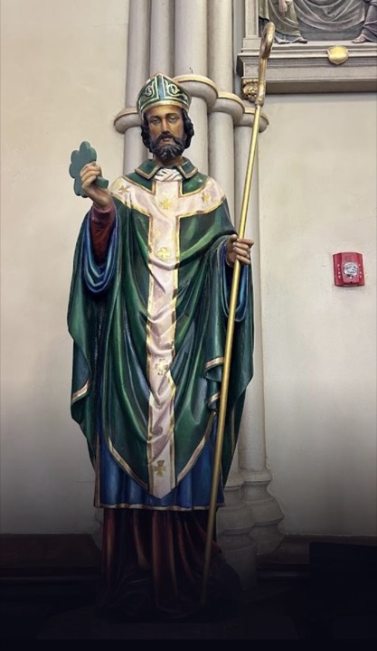 Statue of St. Patrick with crozier and shamrock